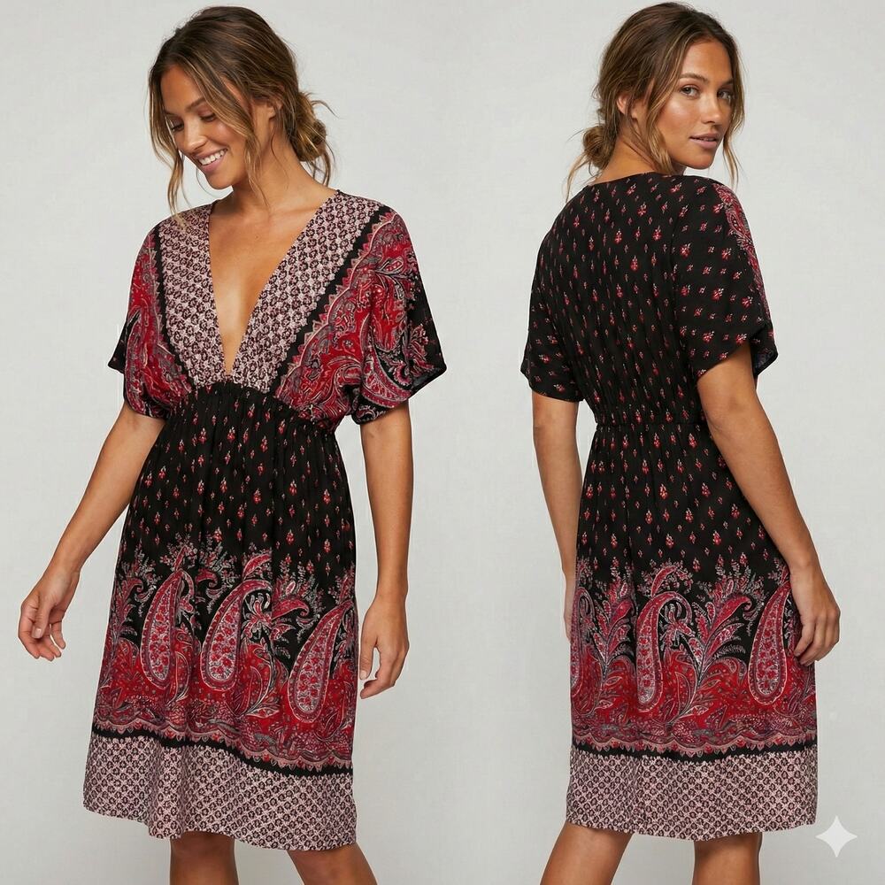 Joei & i Size Large Dress Deep V Neck Black Pink Paisley